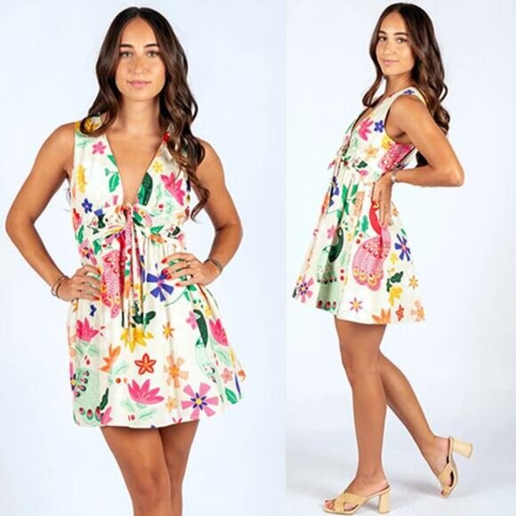 NWT Sincerely Ours Ellie Poplin Cream Floral Sleeveless Fit and Flare Mini Dress